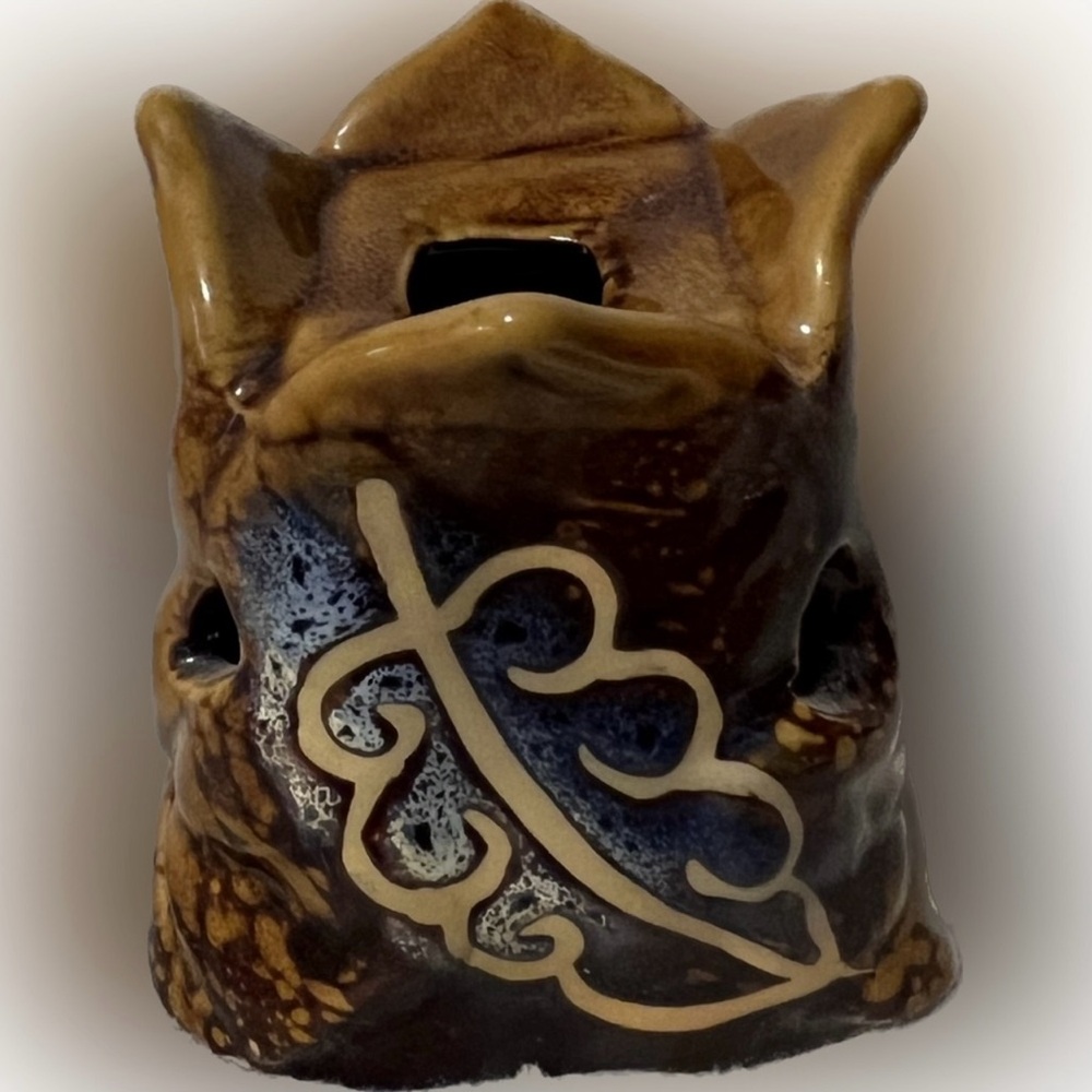 🔴Vintage Tea Light Candle Holder Leaf Pattern Glazed Ceramic Fall Brown Decor